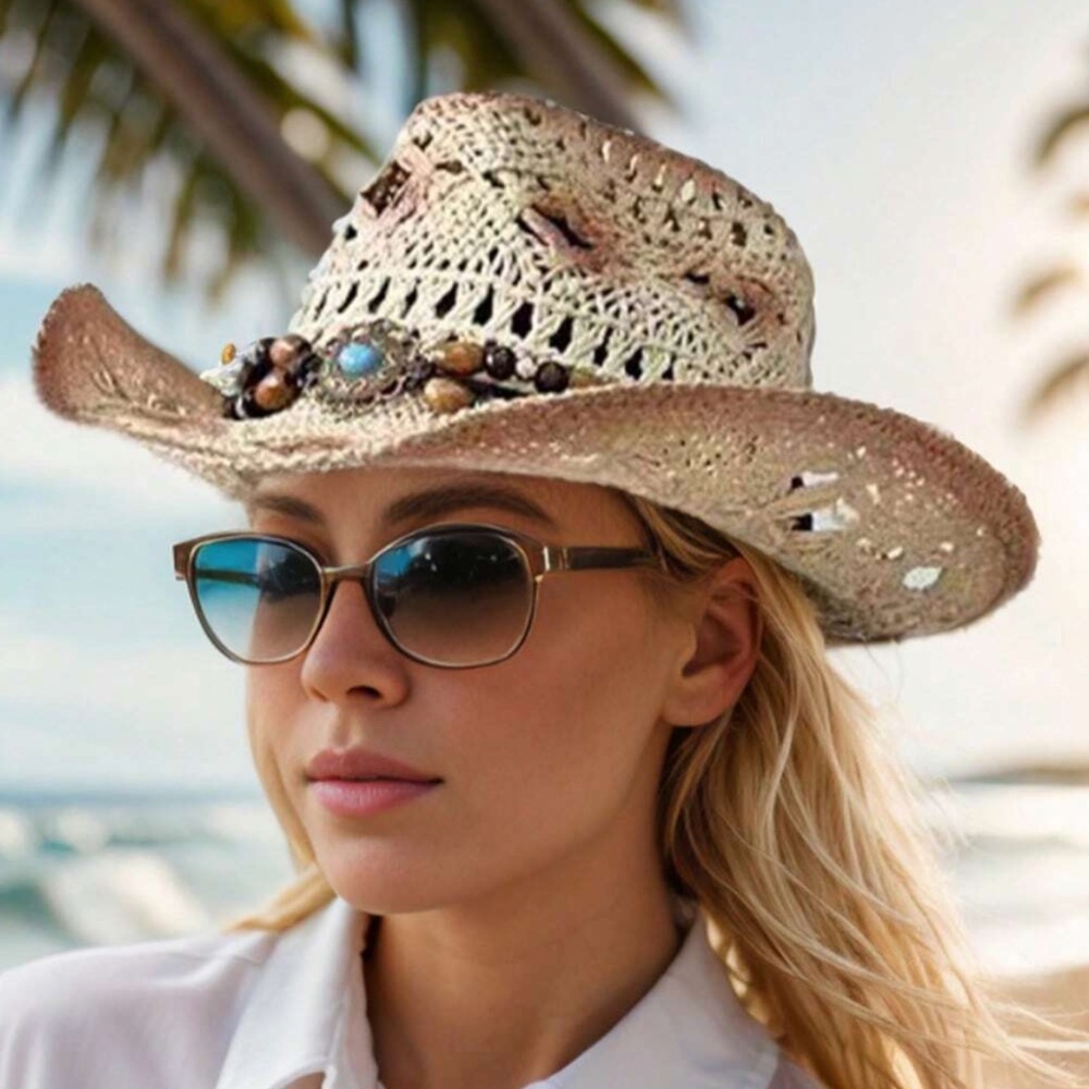 Boho Western Straw Bead Band Cowboy Hat